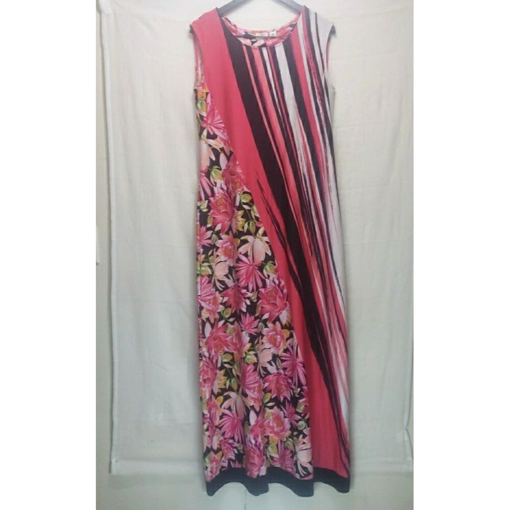 Cato Woman Maxi Dress Size 14/16W Pink Floral Vertical Stripe Sleeveless Stretch